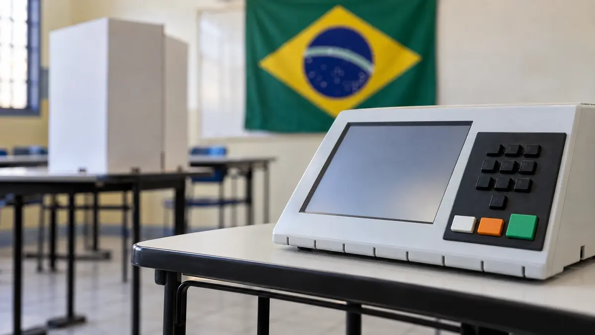 Urna eletrônica em seção eleitoral representa a votação para cargos majoritários em Itapura